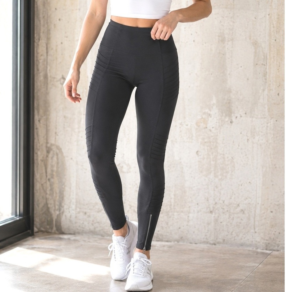 Athleta‎ Delancey Moto Tight Leggings Black Zip Ankle Moto Panels Medium